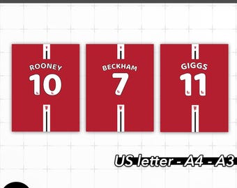 Stampe digitali delle maglie delle leggende del Manchester - Pacchetto di poster digitali - Rooney, Beckham, Giggs / Quadri di calcio