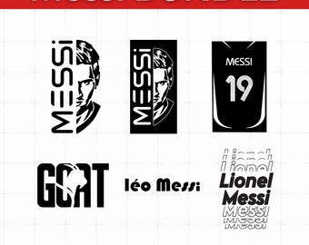 Pacchetto di file digitali SVG, PNG e PDF di Lionel Messi in bianco e nero per il calcio.