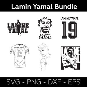 May include: A black and white digital art bundle featuring Lamin Yamal. The collection includes illustrations of the soccer player, his jersey with the number 19, and his name. The image also includes the text "Lamin Yamal Bundle" and file type options.