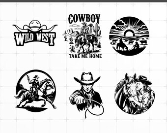 Pacchetto di file SVG da cowboy, silhouette western in formato PNG, file di taglio per Cricut in formato DXF