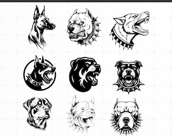 Pacchetto di file SVG di cani, clipart di Pitbull, Doberman e Rottweiler arrabbiati, file di taglio per Cricut