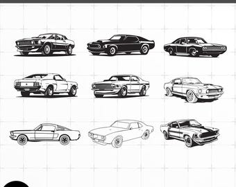 Vintage American Muscle Car Bundle - 9 Classic Car Designs SVG PNG DXF