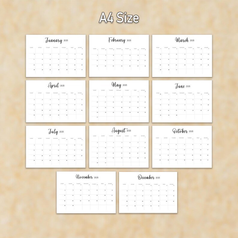 2026 A4 Calendar Printable | Simple Black White PDF | Monthly Pages - Etsy