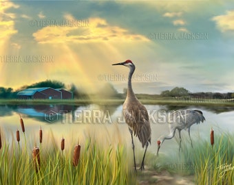 7x5" Cranes of Peaceful Valley by Tierra Jackson ©2023. Print of Tierra's original art.