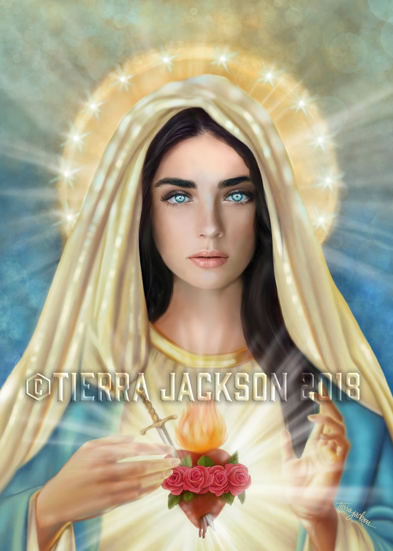 8x10 in. SET of signed, Sacred Heart of Jesus & Immaculate Heart of Mary archival prints, original artwork by Tierra Jackson ©2018 afbeelding 3