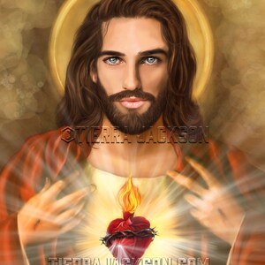 8x10 in. SET of signed, Sacred Heart of Jesus & Immaculate Heart of Mary archival prints, original artwork by Tierra Jackson ©2018 afbeelding 2