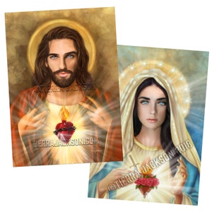 8x10 in. SET of signed, Sacred Heart of Jesus & Immaculate Heart of Mary archival prints, original artwork by Tierra Jackson ©2018 image 1