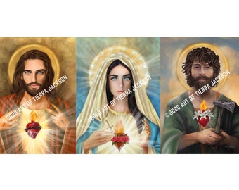 5x7" each, Set of 3 Holy Family - Jesus, Mary, St. Joseph - archival prints of original artwork by Tierra Jackson ©2018-2020