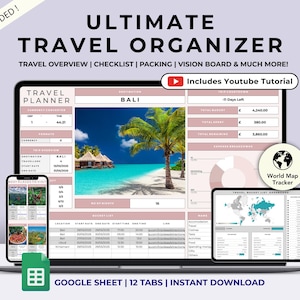 Travel Itinerary Planner | Google Sheets Trip Organizer | Vacation Budget Tracker | ADHD-Friendly Digital Packing & Travel Map Template