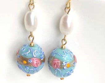 Dusty Blue Floral Earrings, Wedding Cake Beads Murano Glass Earrings, Mothers Day Gifts for Grandma , Freshwater Pearl Earrings