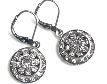 Antique Silver Art Deco Earrings, Pave Swarovski Crystal Earrings Dangle, Art Deco Jewelry, Event Wedding Guest Jewelry, Mother of the Bride