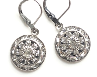 Silver Art Deco Earrings with Leverback Ear Wires, Vintage Round Crystal Earrings, 1920s Style Jewelry for Wedding