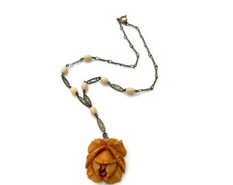 Antique Carved Butterscotch Bakelite Rose Necklace with Ornate Brass Chain & Creamy White Enameled Beads, Germany 1920s
