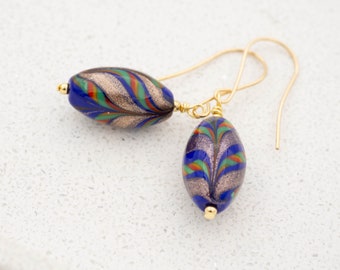 Colorful Cobalt Navy Blue Murano Glass Earrings with Copper Gold Swirls, Italian Gifts for Her, Designer Handmade Jewelry Venetian Glass
