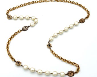 Vintage Faux Pearl & Gold-Tone Chain Station Necklace with Antique Style Rhinestone Medallions,  36" Opera Length Statement Jewelry