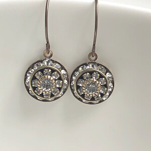Round antique brass Swarovski crystal art deco earrings