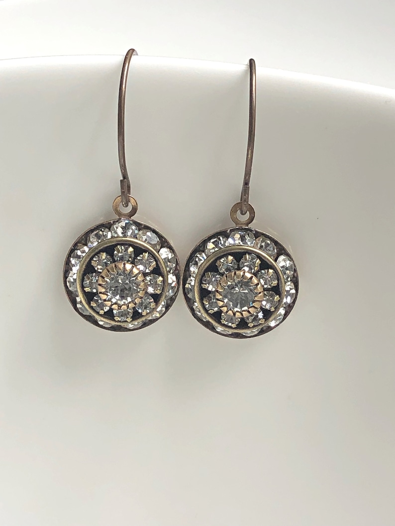Round antique brass Swarovski crystal art deco earrings