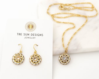 Gold Art Deco Jewelry Set for Bride Guest, Swarovski Crystal Drop Necklace Tiered Swarovski Crystal Pendant, Multi Crystal Statement Earring