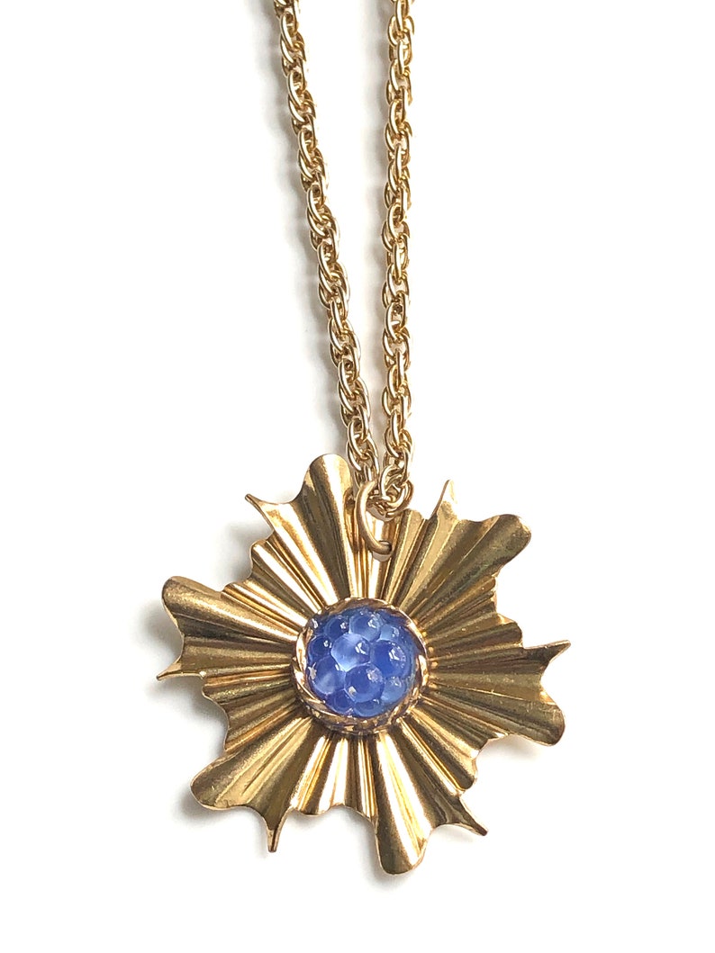 Unique Sapphire Blue Pendant Necklace Starburst Chunky Gold Etsy