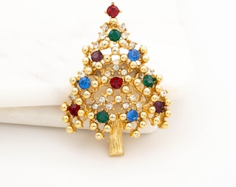 Vintage Christmas Tree Brooch for Women, Jewel Tone Christmas Pin with Multicolor Crystals  Signed Eisenberg