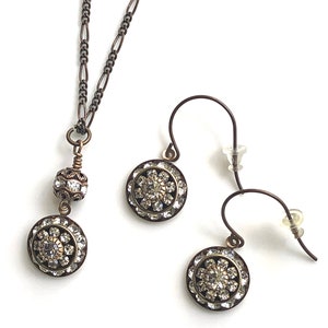 Antique brass art deco jewelry set with crystals for wedding featuring Swarovski crystal art deco earrings and Swarovski crystal art deco pendant necklace