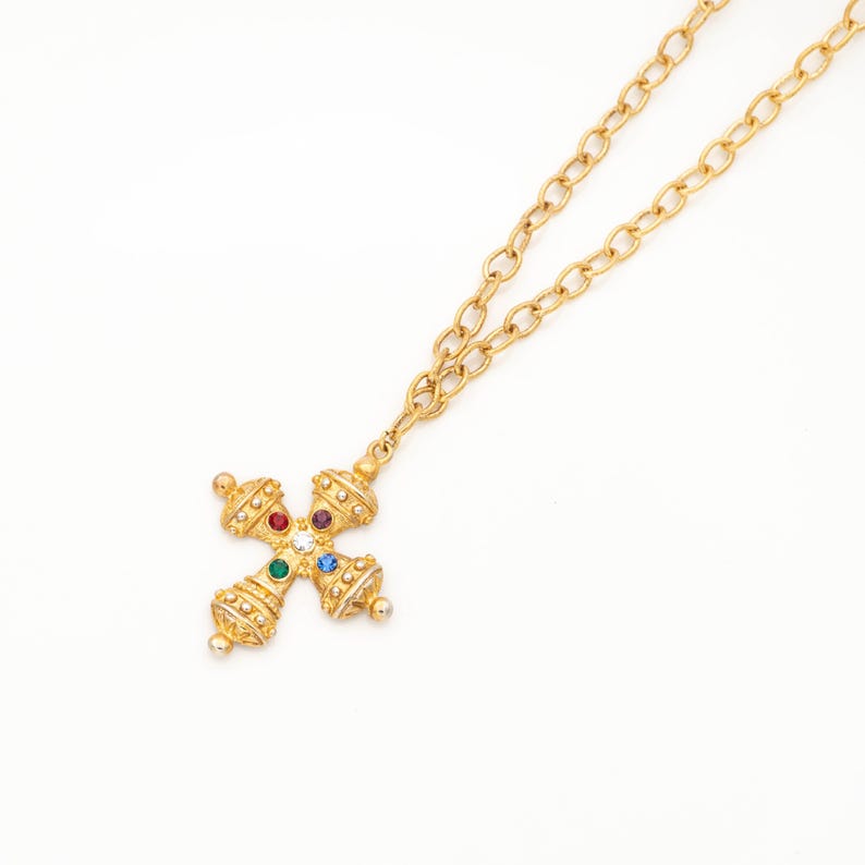 Vintage Gold Cross Necklace With Colorful Crystals, Byzantine