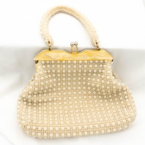 Vintage Beaded Handbag Large Corde Bead, Ivory Beaded Purse w/ Beaded Handle, Wedding Beaded Bag, Cream Lucite Bride Bag,Wedding Evening Bag
