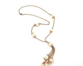 Vintage Gold Lariat Necklace with White Seed Beaded Balls, Long Retro Y Necklace Gold Tone Chain & Cluster Beaded Tassel, Station Necklace