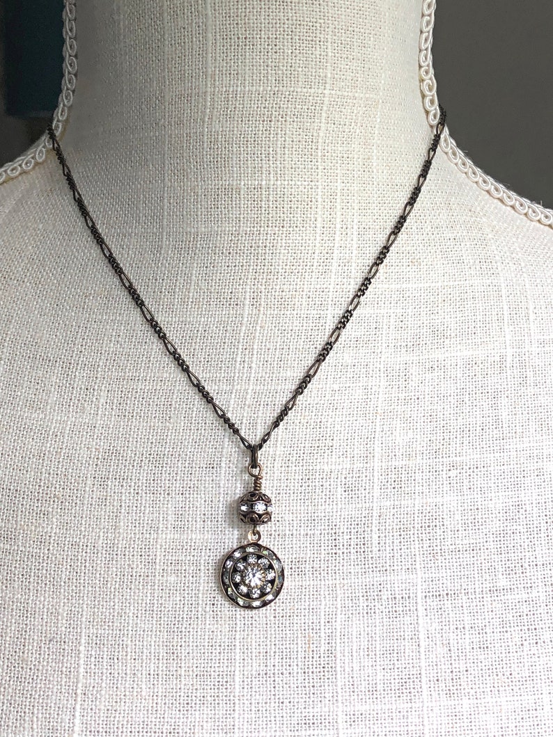 Antique brass art deco pendant necklace for your wedding with Swarovski crystal pendant and antique brass figaro chain