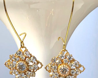 Gold Crystal Art Deco Earrings with Long Gold Diamond Shaped Filigree Settings