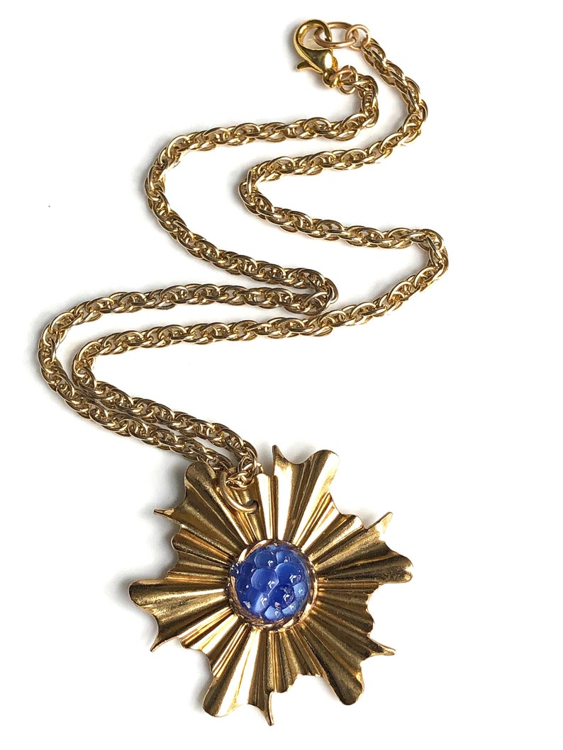 Unique Sapphire Blue Pendant Necklace Starburst Chunky Gold Etsy