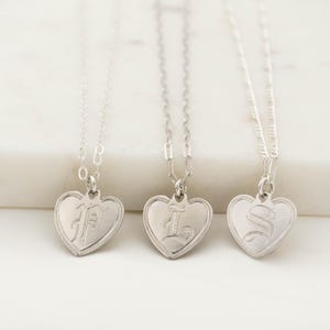 Old English Initial Heart Necklace, Vintage Initial Necklace Silver, Gothic Font Dainty Heart Necklace Initial Pendant, Choose Letter/Chain