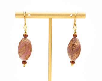 Pastel Light Pink Murano Glass Earrings with Copper Gold Swirls, Italian Earrings, Venetian Glass Italian Gifts for Her, Italian Jewelry
