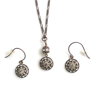 Antique brass art deco jewelry set with crystals for wedding featuring Swarovski crystal art deco earrings and Swarovski crystal art deco pendant necklace