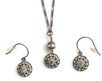 Brass Art Deco Jewelry Set for Wedding, Vintage Art Deco Pendant Necklace & Earrings Set, Multi Crystal Swarovski Crystal Earrings Dangle