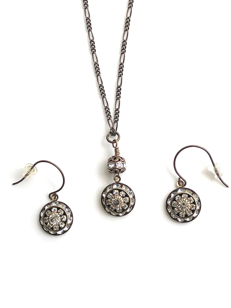 Antique brass art deco jewelry set with crystals for wedding featuring Swarovski crystal art deco earrings and Swarovski crystal art deco pendant necklace