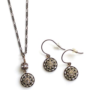 Antique brass art deco jewelry set with crystals for wedding featuring Swarovski crystal art deco earrings and Swarovski crystal art deco pendant necklace