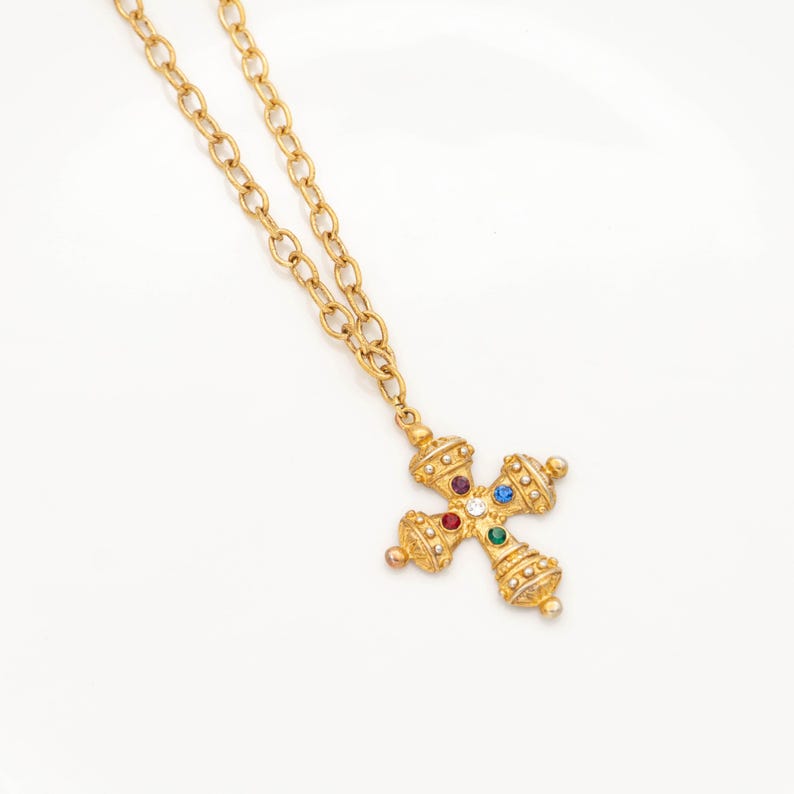 Vintage Gold Cross Necklace With Colorful Crystals, Byzantine