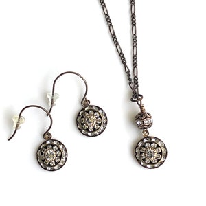 Antique brass art deco jewelry set with crystals for wedding featuring Swarovski crystal art deco earrings and Swarovski crystal art deco pendant necklace
