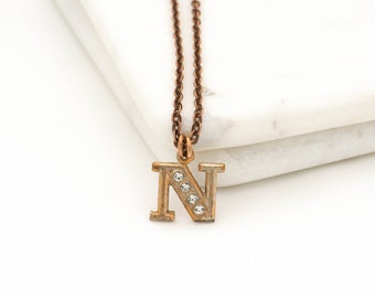 Rose Gold Letter Necklace Letter N, Antique Copper Pave Initial Necklace, Personalized Copper Pendant, Vintage Pendant Alphabet Necklace