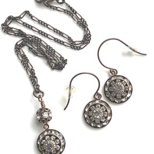 Antique brass art deco jewelry set with crystals for wedding featuring Swarovski crystal art deco earrings and Swarovski crystal art deco pendant necklace