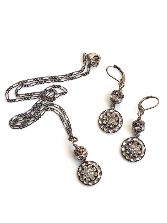 Bronze Jewelry Set for Women, Brass Swarovski Crystal Necklace and  Swarovski Crystal Earrings, 1920s Bronze Necklace and Bronze Earrings 