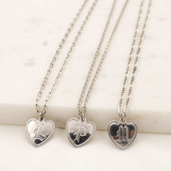 Old English Initial Heart Necklace, Vintage Initial Necklace Silver, Gothic Font Dainty Heart Necklace Initial Pendant, Choose Letter/Chain