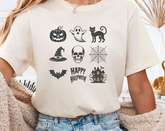 Halloween Icons T-Shirt: Vintage Fall Graphic Tee, Unisex Cotton