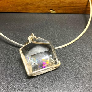 Rainbow Quartz Crystal Pendant Necklace – Sterling Silver – Iridescent Inclusion Jewelry – Modern Minimalist Prism Talisman