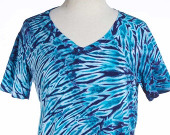 Choose Size - Sapphire Blue- Women's Tie dye V-neck T shirt, Hand dyed Shibori