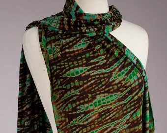 Tie Dye Rayon Knit Scarf Deep Jade Green Black, Hand Dyed Shibori, Festival Style, 80s Tie Dye, Hippie scarf, Psychedelic, Wearable Art