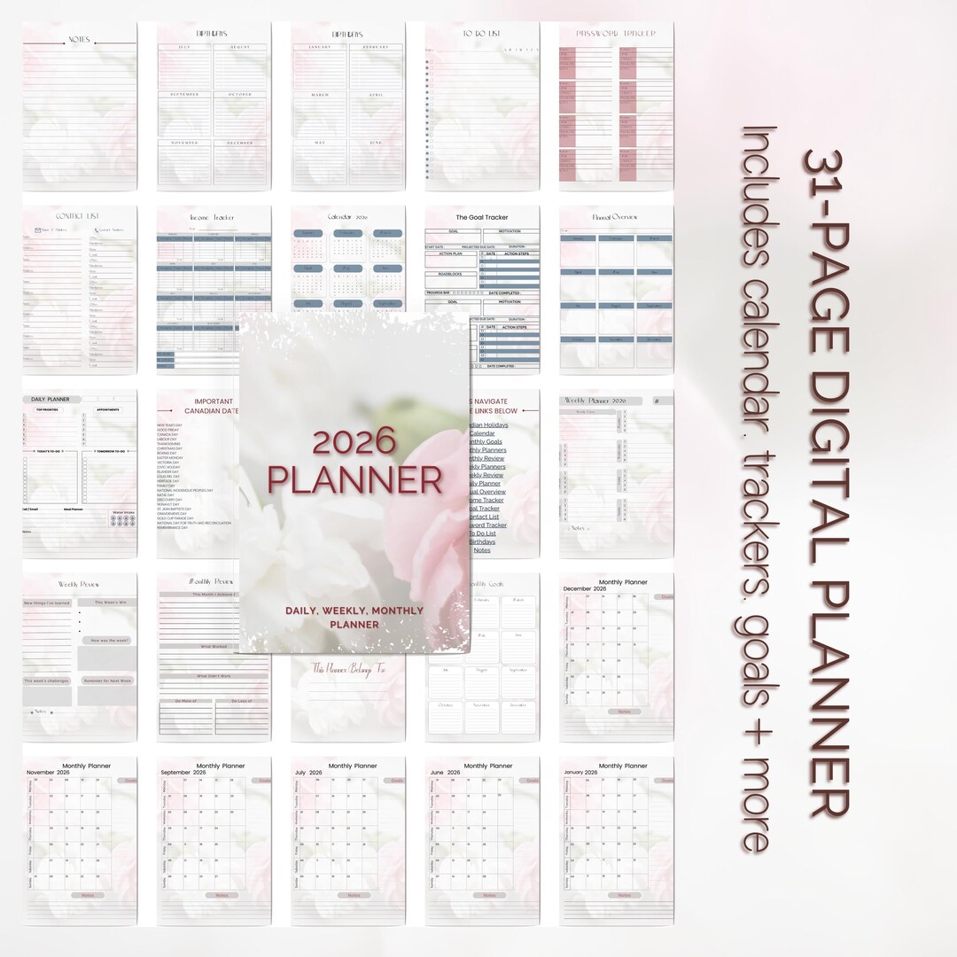Floral Digital Planner 2026 • Hyperlinked PDF • Canadian Holidays ...