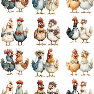 May include: A sheet of watercolor-style stickers featuring pairs of anthropomorphic chickens. The chickens are depicted in various outfits, including bow ties, floral wreaths, and wedding attire. The color palette includes blues, browns, and whites.