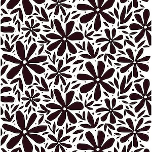 May include: A repeating pattern of dark brown flowers and leaves on a white background. The flowers have rounded petals and are interspersed with various leaf shapes and small dots. The design is a floral pattern.